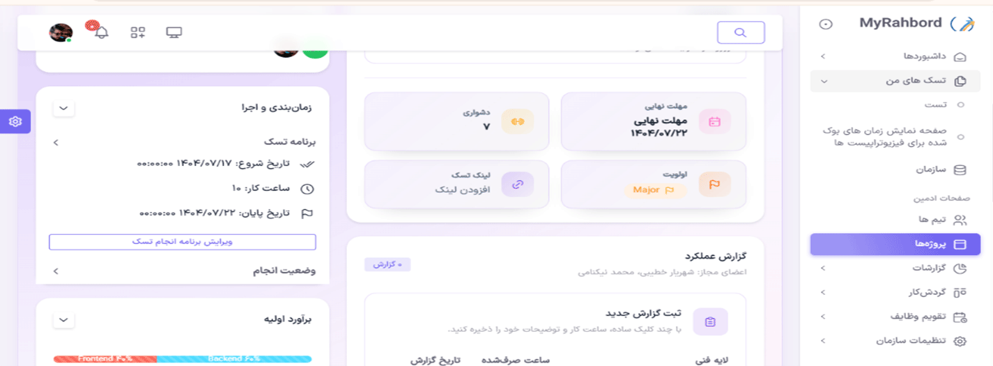 بخش های مختلف تسک های من در مای راهبرد